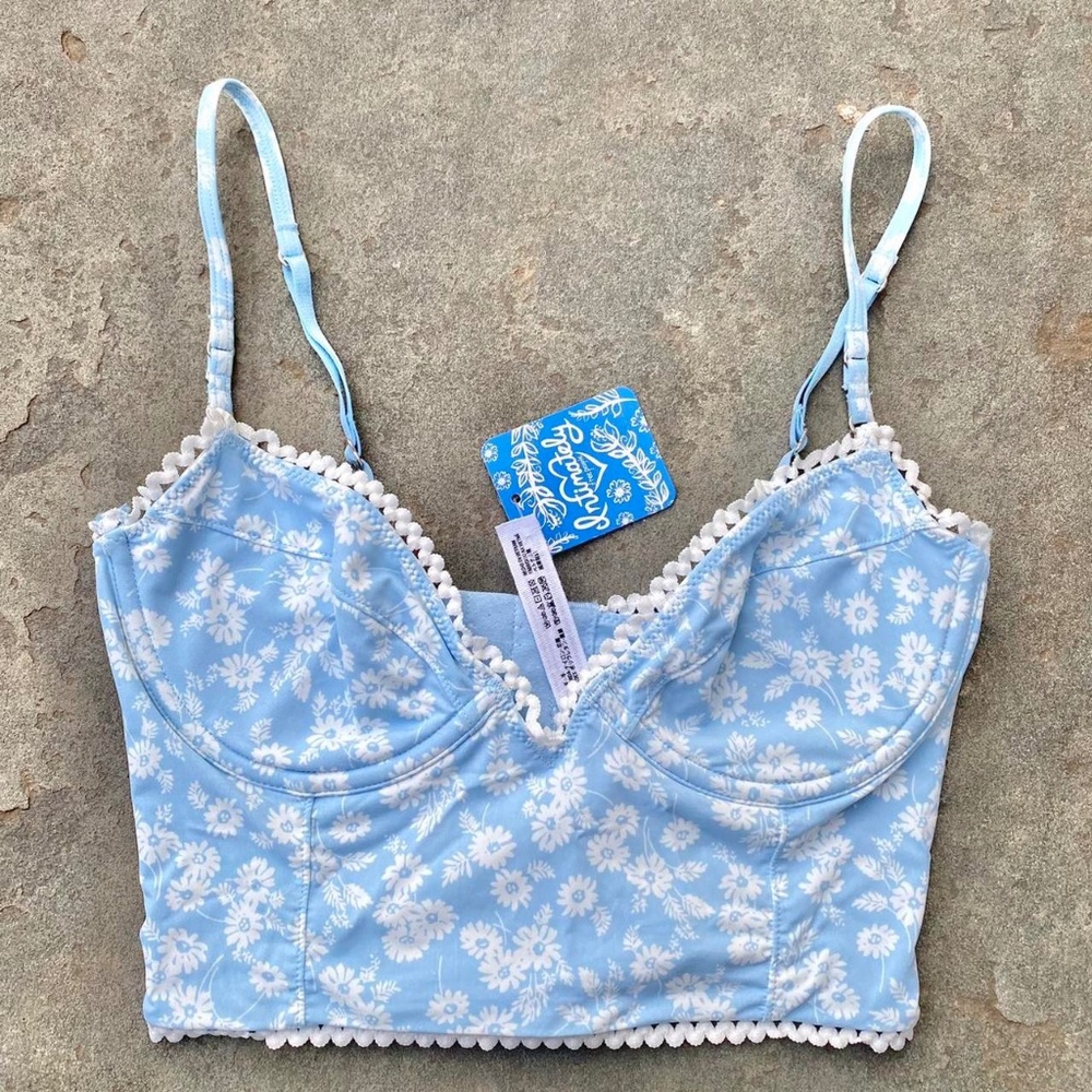 BNWT NEW Free People Intimate Lulu Floral Baby Blue White Longline Bralette